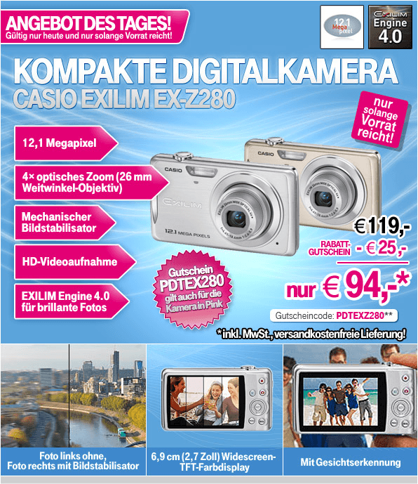Casio Exilim EX-Z280 12,1 MP Digitalkamera für nur 94 EUR