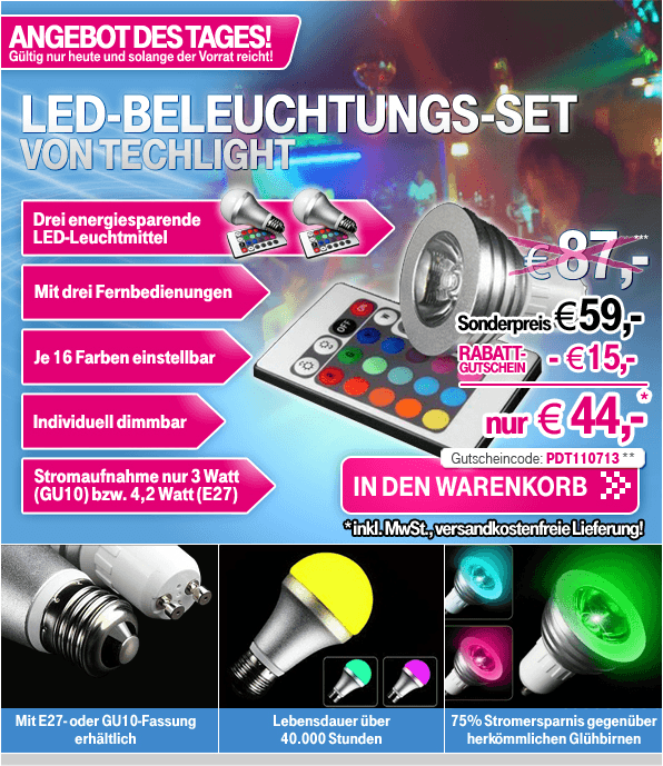 Techlicht 3er Set LED RGB Strahler für 44 EUR bei T-Online